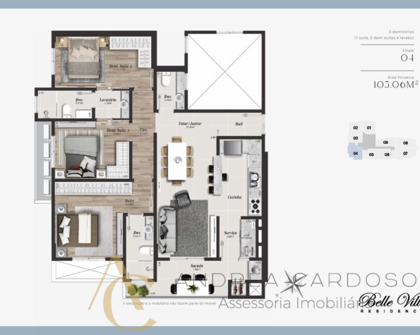 Apartamento à venda – 3 quartos sendo 1 suíte e 2 demi-suítes com 105,06m² – Campinas – São José/SC.